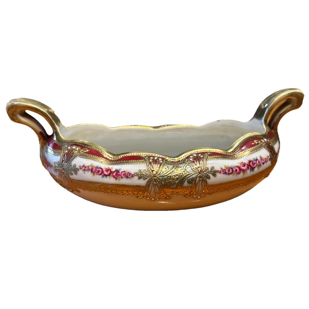 Noritake Hand Painted Moriage Porcelain Nut Gravy Bowl Gold Gilt Floral 9 inch